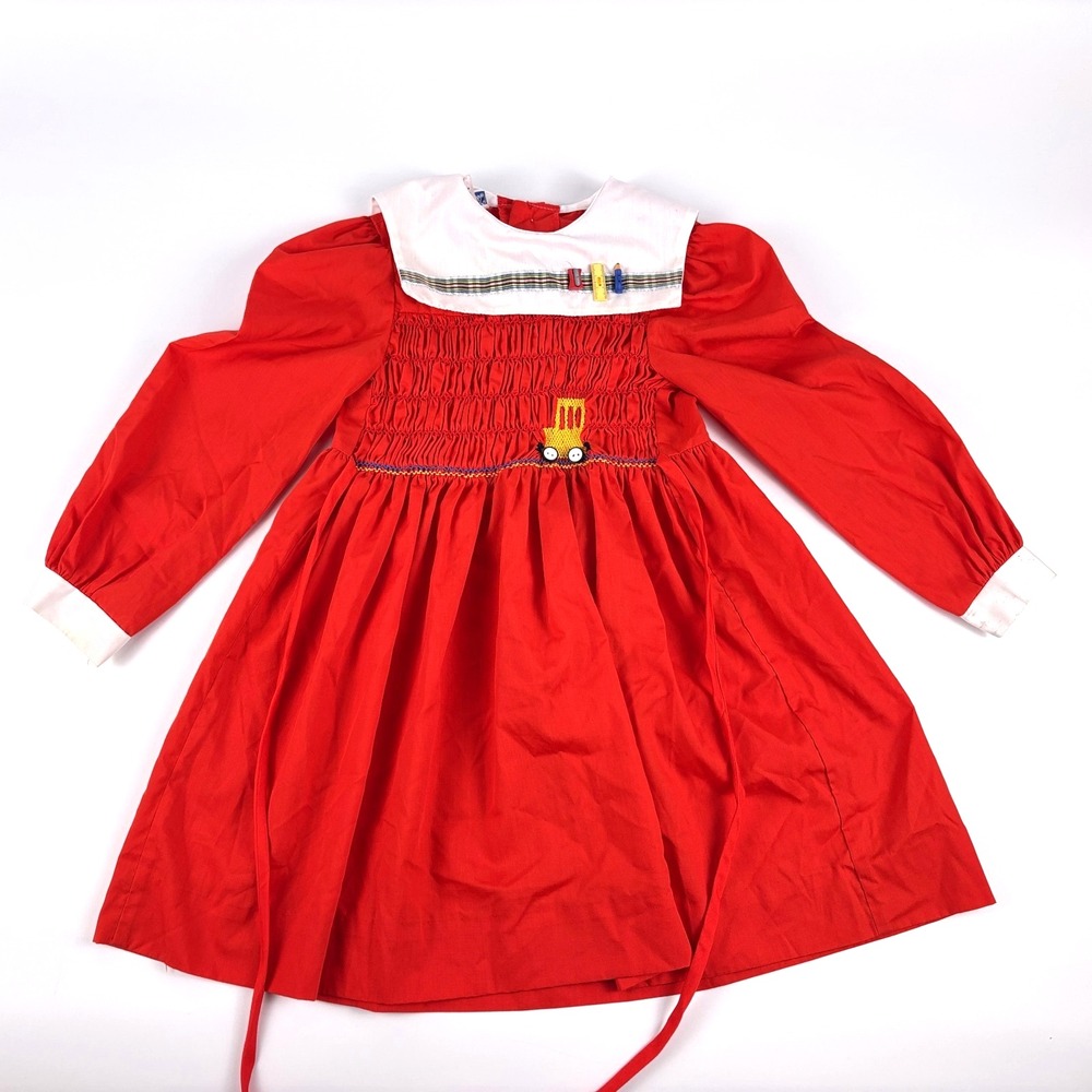 VTG Polly Flinders Embroidered Smocked Dress Sz 6 Red White School‎ Bus Charms